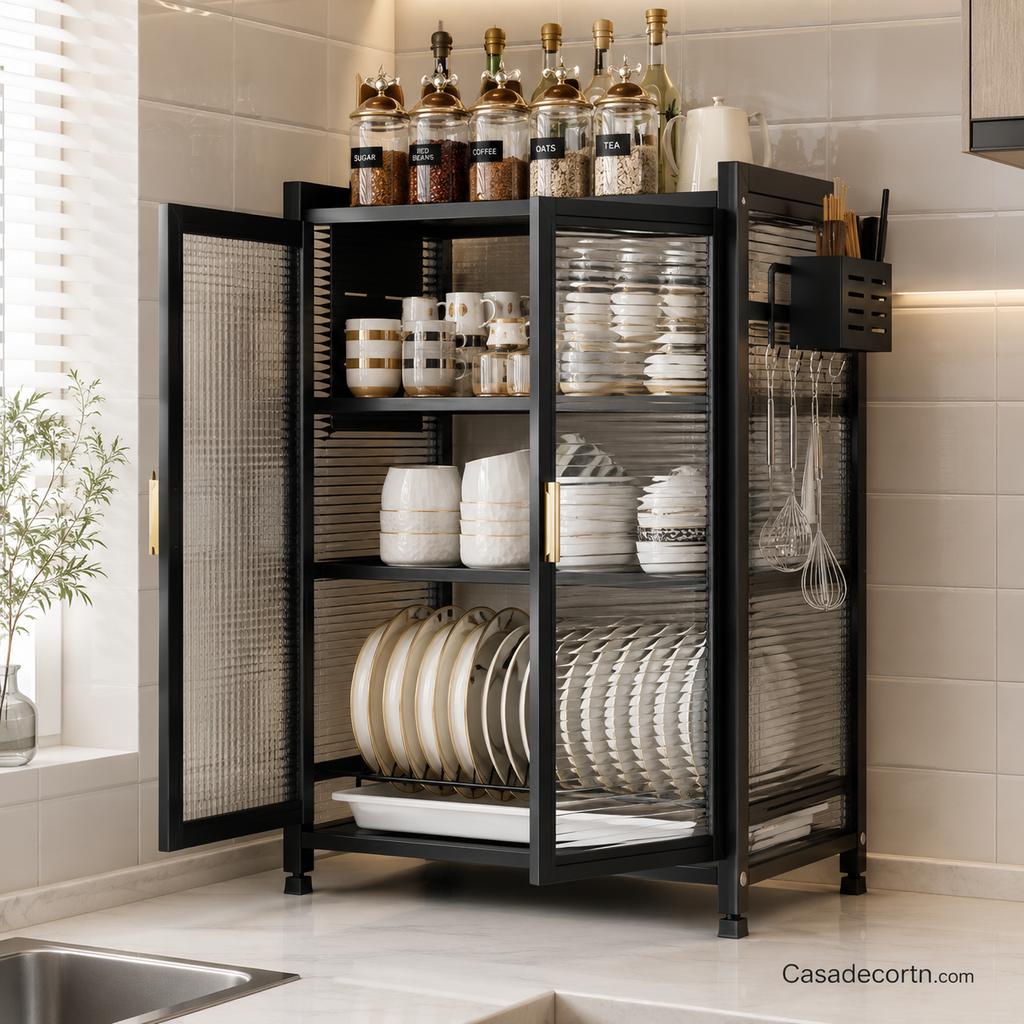 Égouttoir Vaisselle 2 Étages avec Portes Anti-Poussière