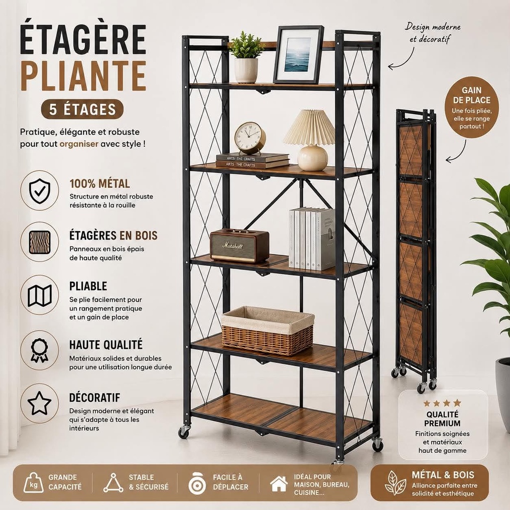 Étagère pliable 5 étages en bois 